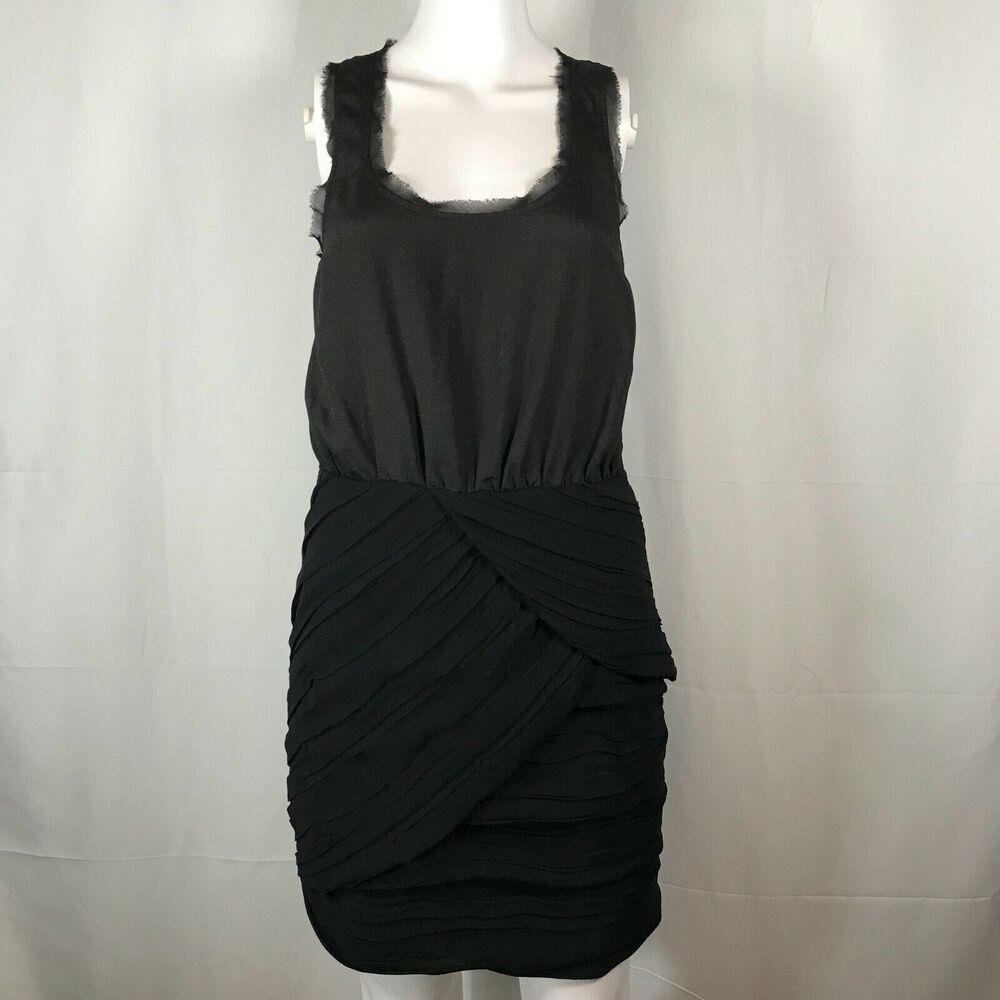Greylin Dress Womens Sz S Black Sleeveless Bodycon Ruched Ruffle Trim Stretch